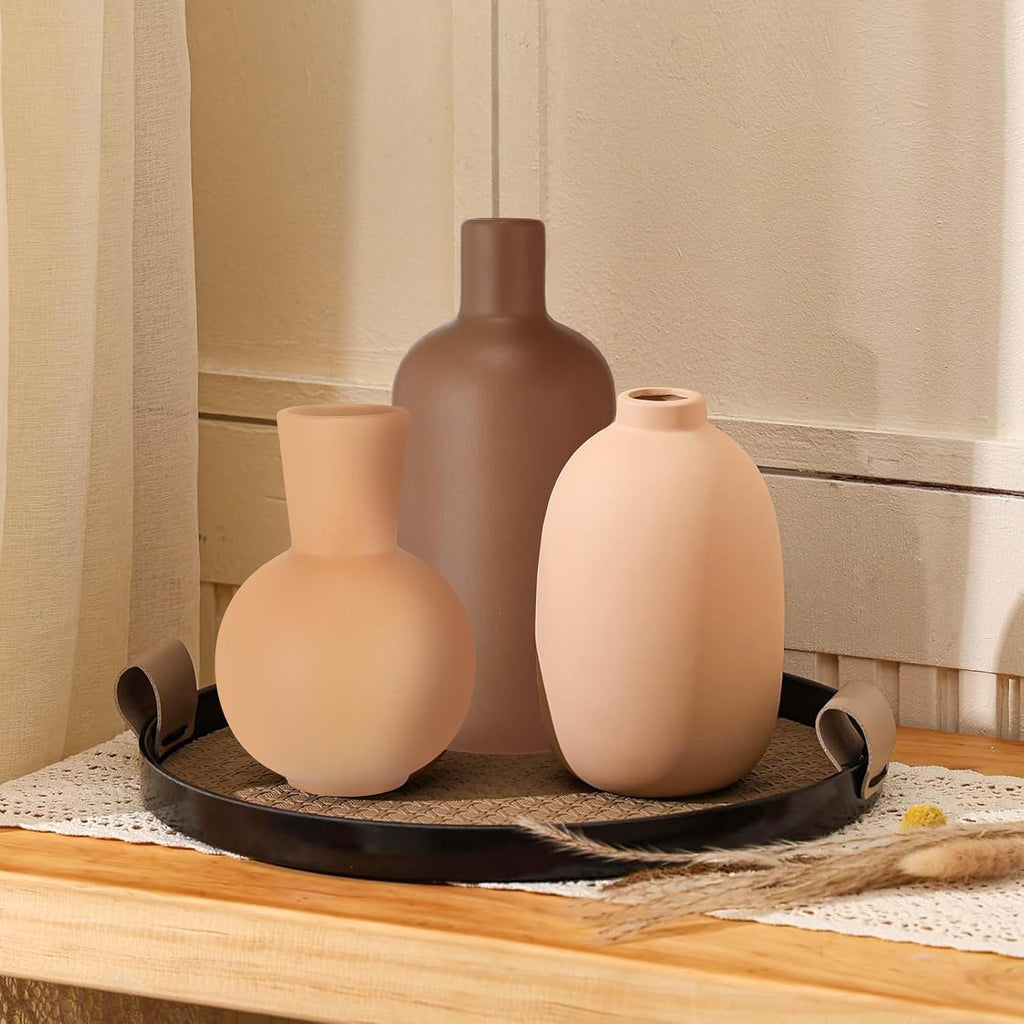 3 Pcs Ceramic Vases for Pampas Grass Modern Terracotta Vase Brown for Home Decor Round Matte Boho for Table Decor Living Room Minimalist Nordic Centerpiece Decorations, 7.1", 5.8", 4.9"