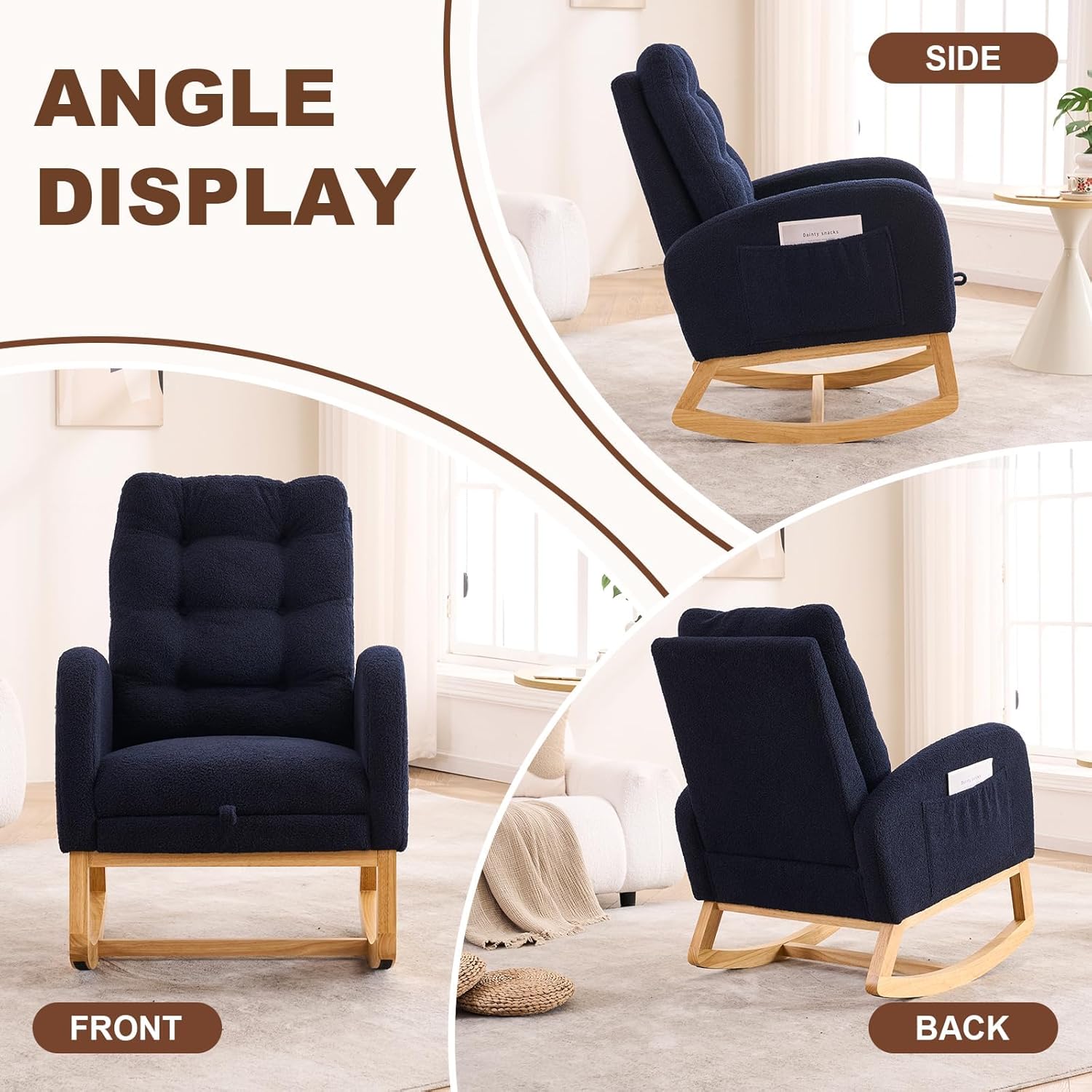 Rocking Chair with Foot Rest for Nursery Room, Teddy Upholstered Rocker Glider Chair with Side Pocket,Solid Wood Legs, High Backrest (Navy Blue)