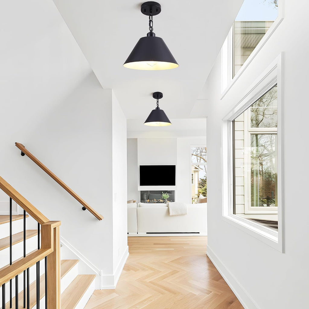 11 Inch Black Pendant Lights Kitchen Island, Modern Farmhouse Light Fixtures with Cone Shade, Adjustable Vintage Industrial Pendant Light for Foyer Hallway Bedroom Dining Room Bar Barn