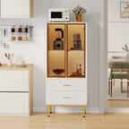 Garvee Fluted Pantry Cabinet with Glass Door and 2 Drawers, Kitchen Pantry Storage Cabinet with Adjustable Shelves, Modern Display Sideboard for Kitchen, Dining Room, Living Room, White