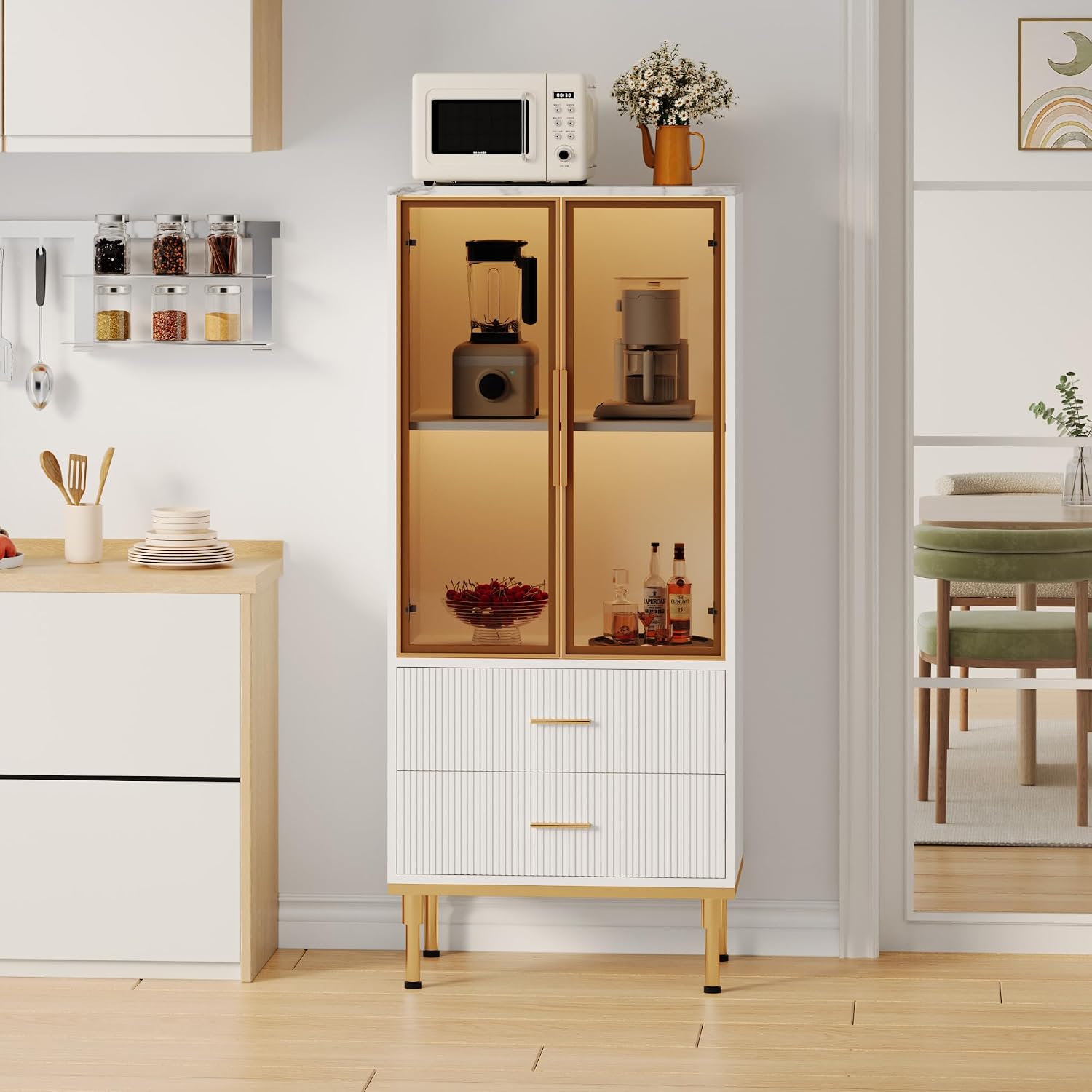 Garvee Fluted Pantry Cabinet with Glass Door and 2 Drawers, Kitchen Pantry Storage Cabinet with Adjustable Shelves, Modern Display Sideboard for Kitchen, Dining Room, Living Room, White