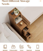 Set of 2 Narrow Side Table with Charging Station, Wooden Slim End Table with Storage, Mid Century Modern Nightstand with Drawers for Living Room, Walnut