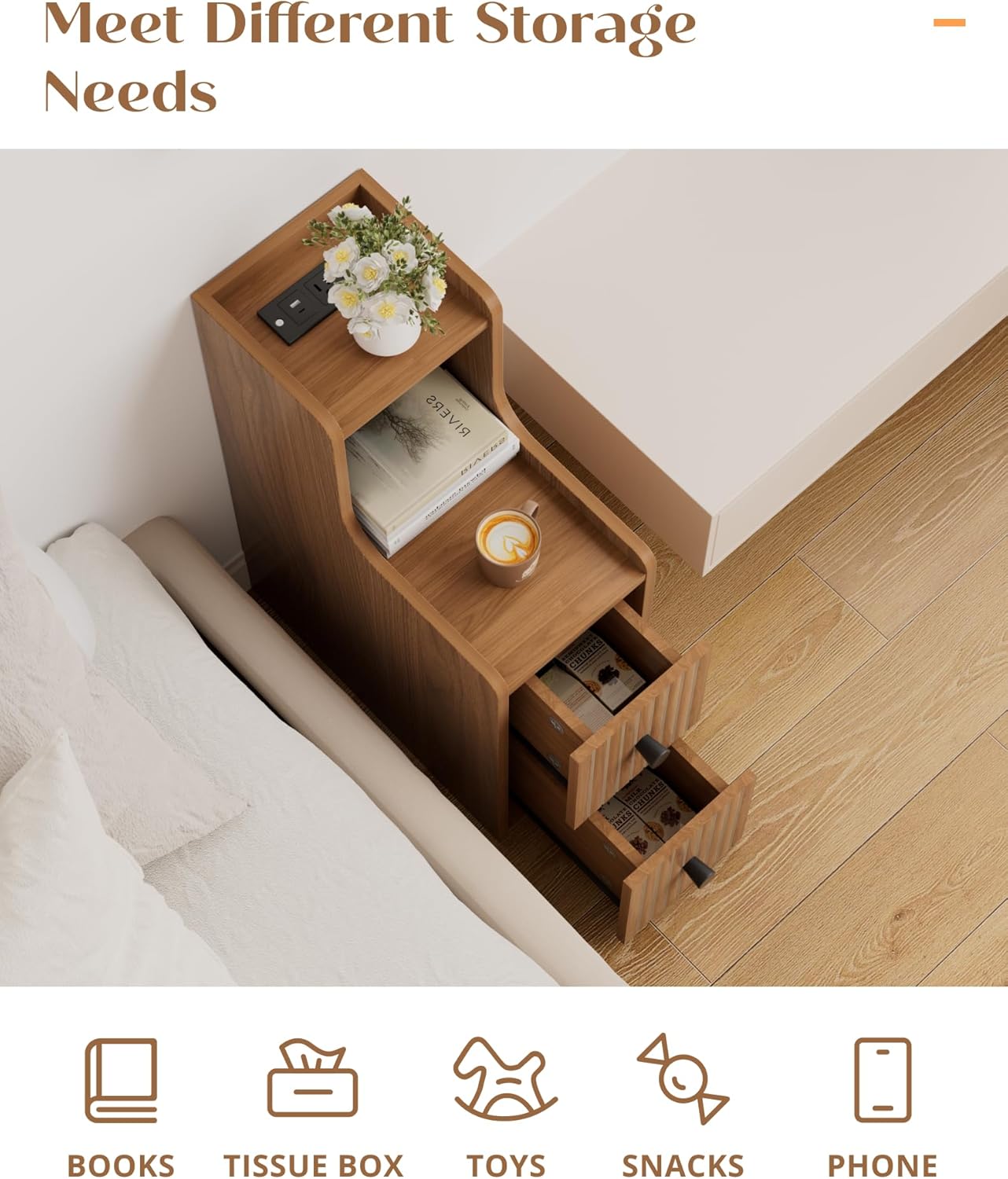 Set of 2 Narrow Side Table with Charging Station, Wooden Slim End Table with Storage, Mid Century Modern Nightstand with Drawers for Living Room, Walnut