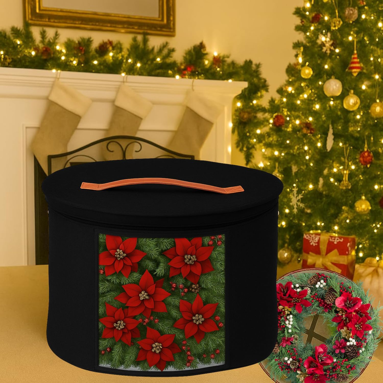 Christmas Wreath Storage Bag,Collapsible Felt Holiday Garland Container with Zipper & Handle, Durable Wreath Organizer Bin for Seasonal Decor Storage 20 x 12 (Black, 12 x 20)