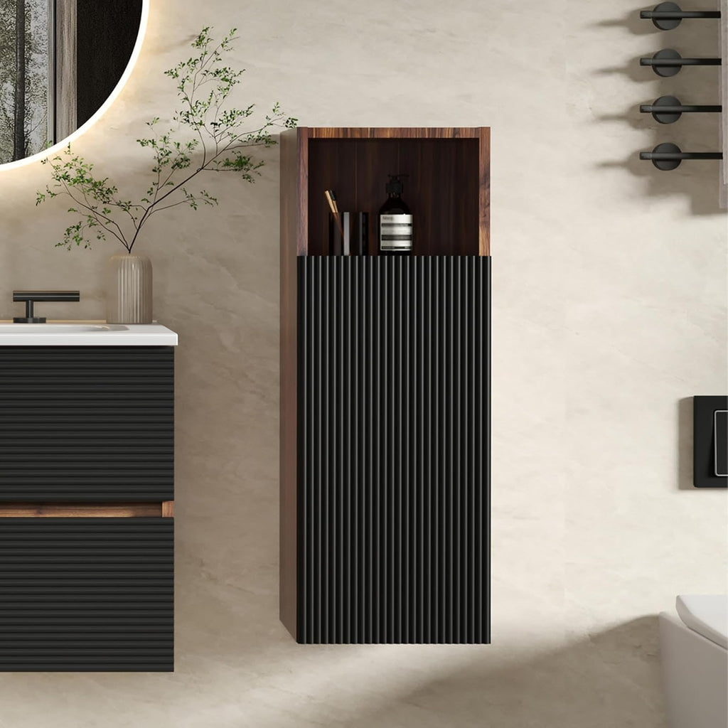 12" Floating Bathroom Storage Cabinet, Modern Wall Cabinets with Soft-Closing Door & Open Shelf, Bathroom Side Cabinet for Small Spaces, Apartment, Walnut+Black