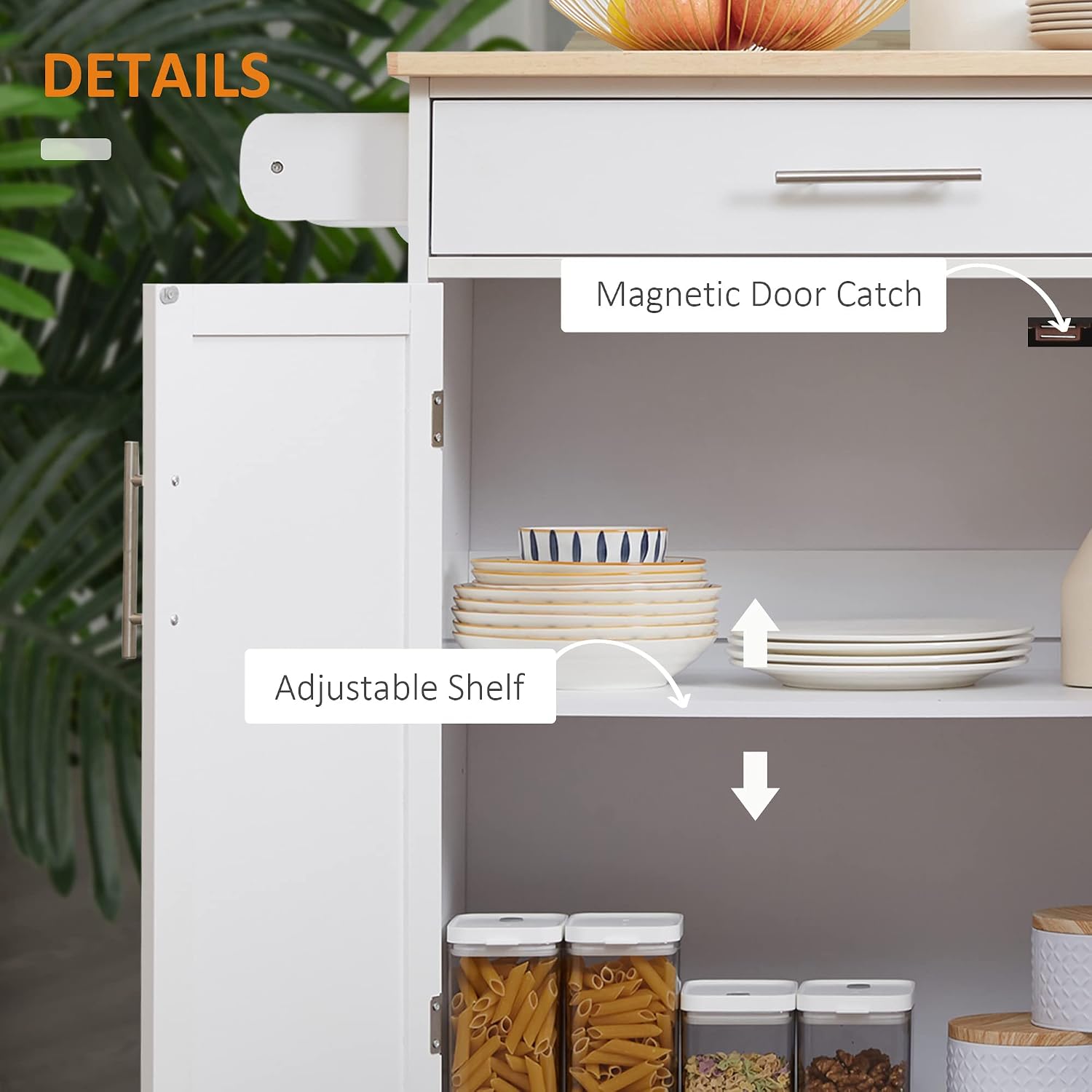 HOMCOM Kitchen Island Cart, Rolling Island Table with Solid Wood Top, Trolley Cart with Drawer, Storage Cabinet & Towel Rack, White