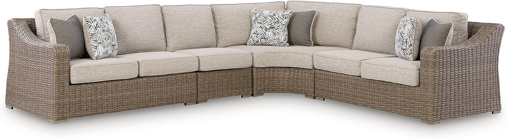 Signature Design by Ashley Revare Beach Coastal Weather Resistant 4-Piece Outdoor Sectional with Removable Cushions and 6 Accent Pillows, Beige