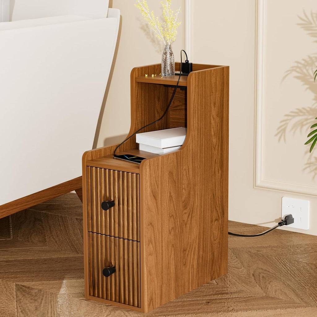 Narrow Side Table with Charging Station, Slim Nightstands with Storage Drawers, Mid Century Modern Bedside Tables for Living Room, Small Spaces, Bedroom