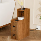 Narrow Side Table with Charging Station, Slim Nightstands with Storage Drawers, Mid Century Modern Bedside Tables for Living Room, Small Spaces, Bedroom