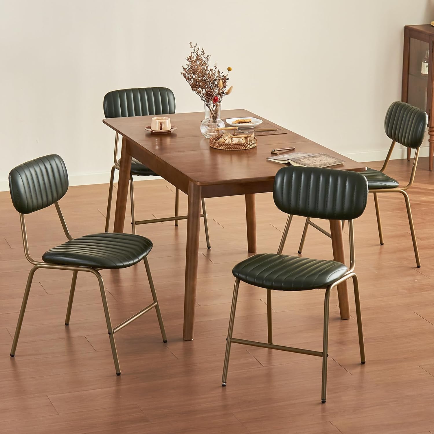 Mid Century Modern Dining Chairs Set of 2, Retro Chair with Faux Leather Upholstered Seat & Vintage Distressing Metal Legs & Leg Protectors for Kitchen Dining Room (Dark Green,Assemble)