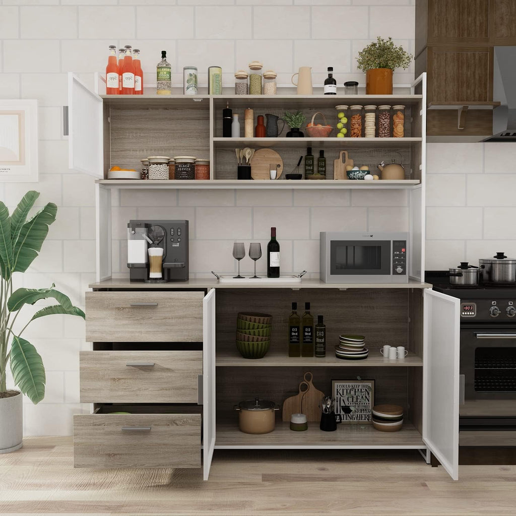 AGOTENI Large Kitchen Hutch Cabinet, Storage Cupboard Pantry with 3 Metal Doors, 3 Drawers & Microwave Shelf, for Kitchen Open Storage, Oak (59" W x 15.7" D x 68.5" H)