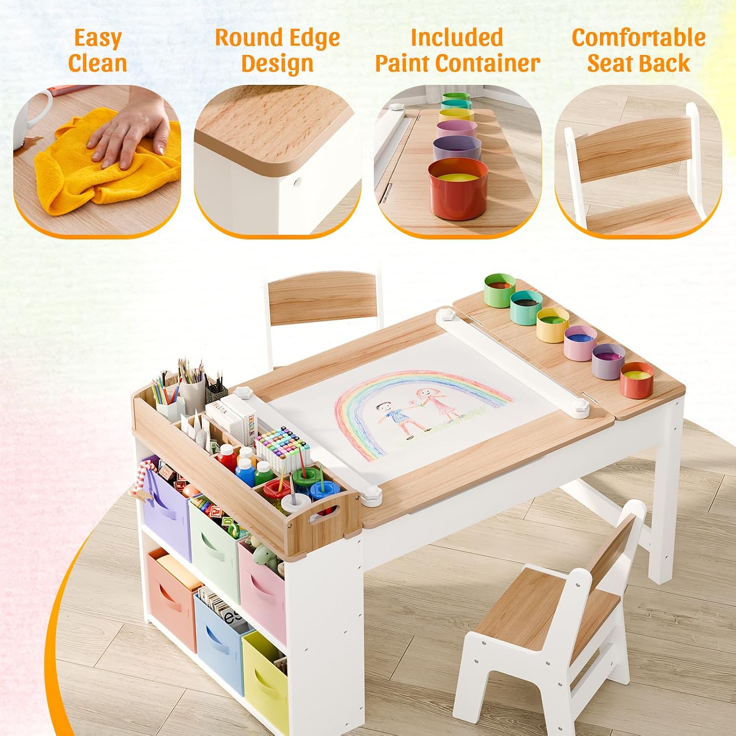 Kids Art Table and Chair Set with 2 Chair & Bins, 44" L x 24" W, Natural | Large Storage Kids Activity Desk, Toddler Craft Table and Chairs Set with Paper Roll for Playrooms & Classroom