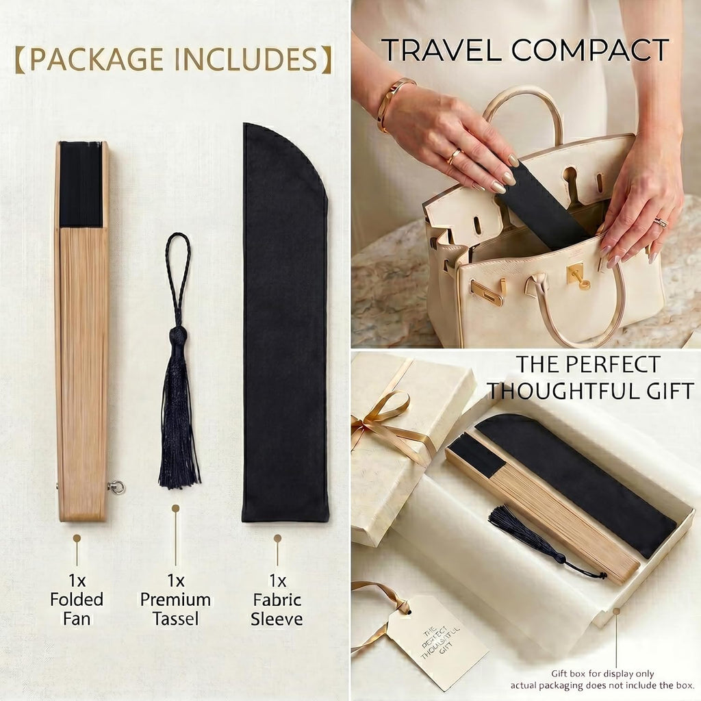 Japanese Folding Hand Fan for Women - Bamboo Silk Handheld Foldable Fan with Tassel & Pouch for Hot Flashes, Rave, Church, Gift,Wedding - Whisper-Quiet, Purse Size (Bamboo Black)