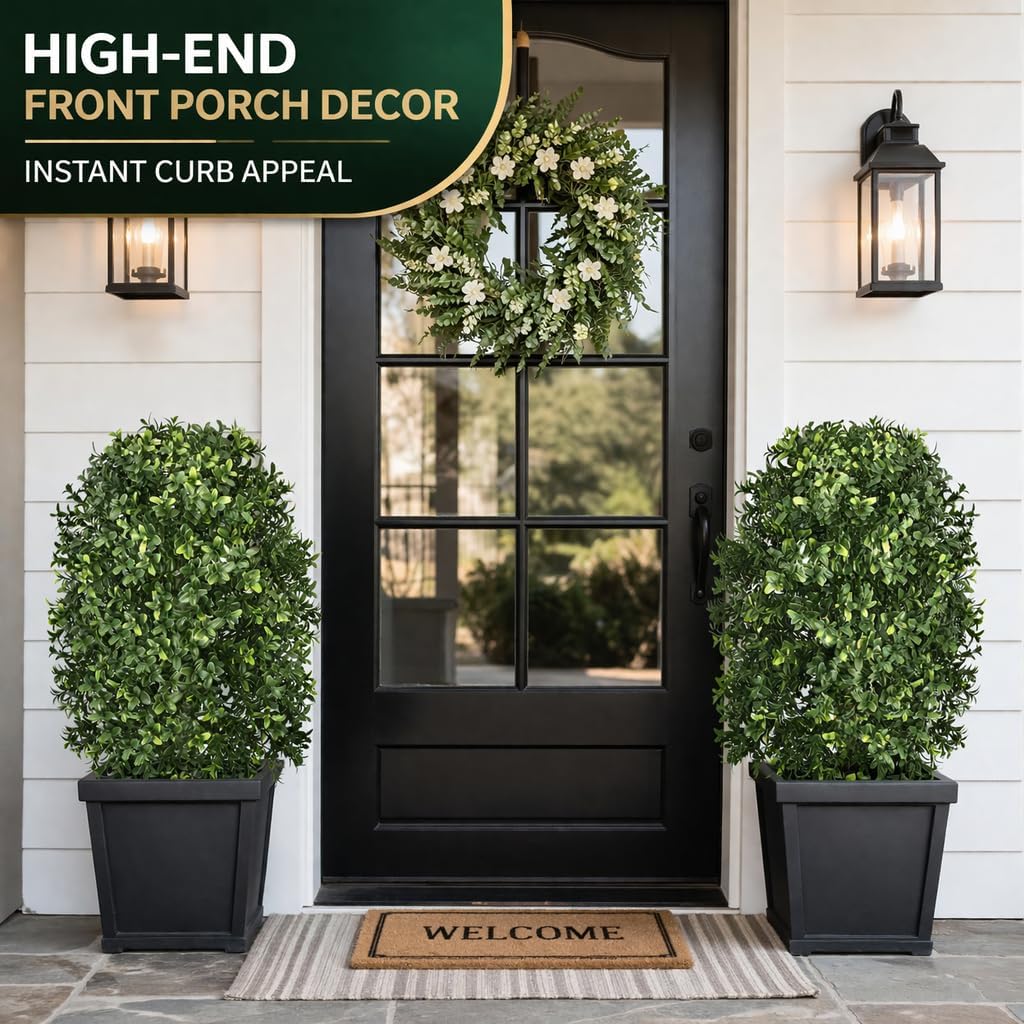Artificial Topiary Trees, Set of 2 Faux Boxwood Topiary Ball Tree | UV Resistant, Indoor Outdoor, Front Porch Decor, Garden Yard & Balcony