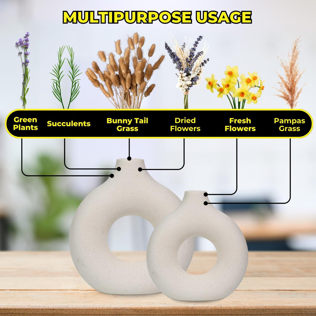 Set of 2 White Ceramic Vases - Modern Nordic Minimalist Decor for Home, Dining Table, and Shelves (Large & Medium)