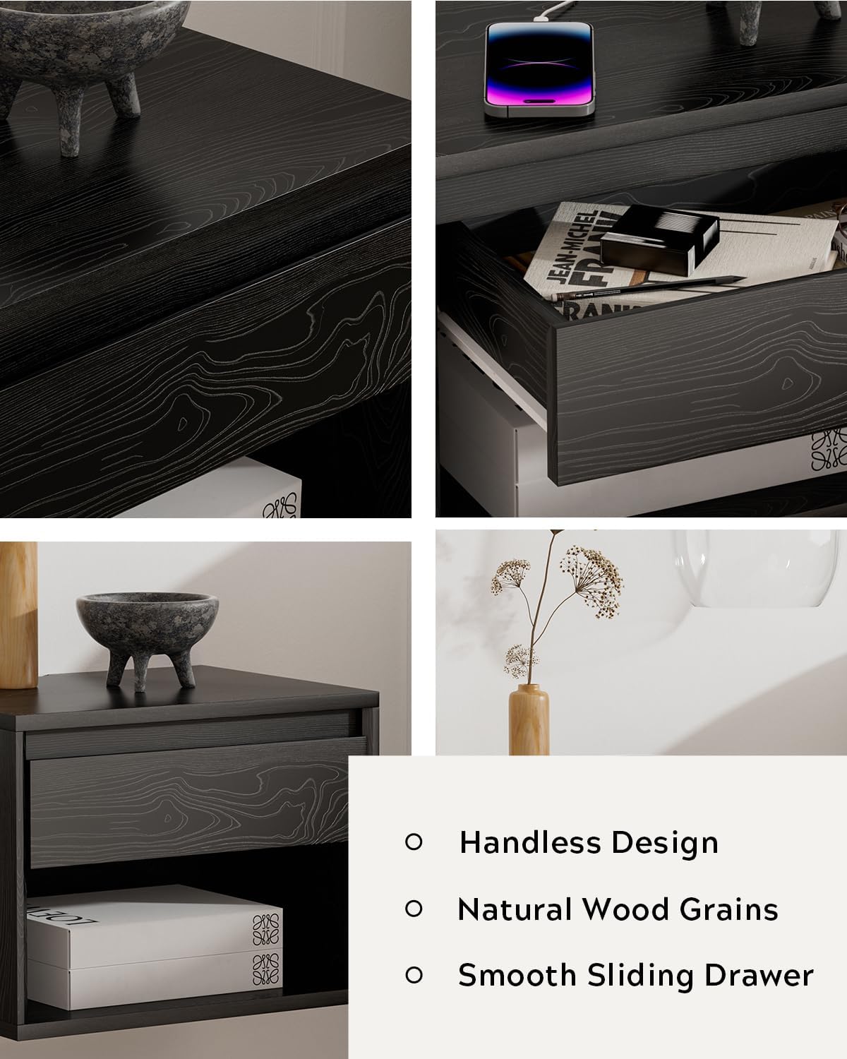 Mid Century Modern Floating Nightstand Set of 4, Wall Mounted End Table with Drawer and Open Compartment Wooden Bedside Night Stand Small Storage Cabinet for Bedroom, Black