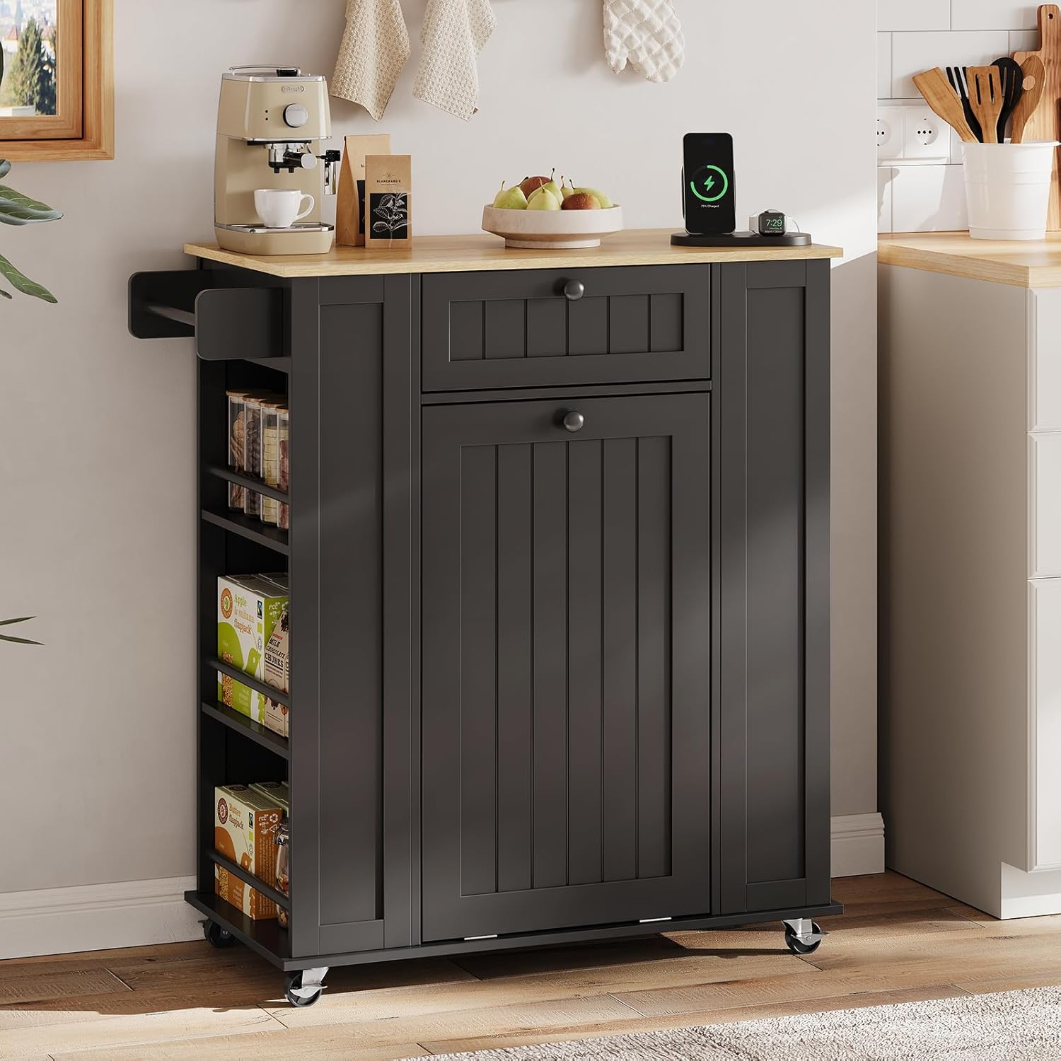 35" Kitchen Island with Trash Cabinet, Portable Rolling Cart with Power Outlet, Storage Drawer, 6-Tier Spice Rack, 4 Locking Casters for Kitchen Dining Living Room, Black