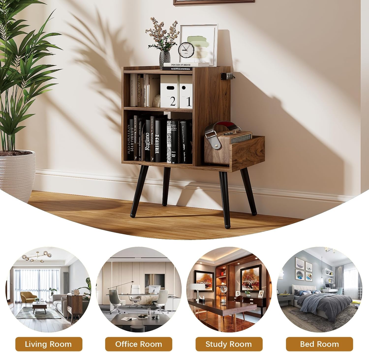 HedoAjim End Table with Charging Station, Narrow Side Table, Nightstand with shelfs, Slim Sofa Side Table, for Small Spaces, Living Room, Bedroom, Drak Walnut
