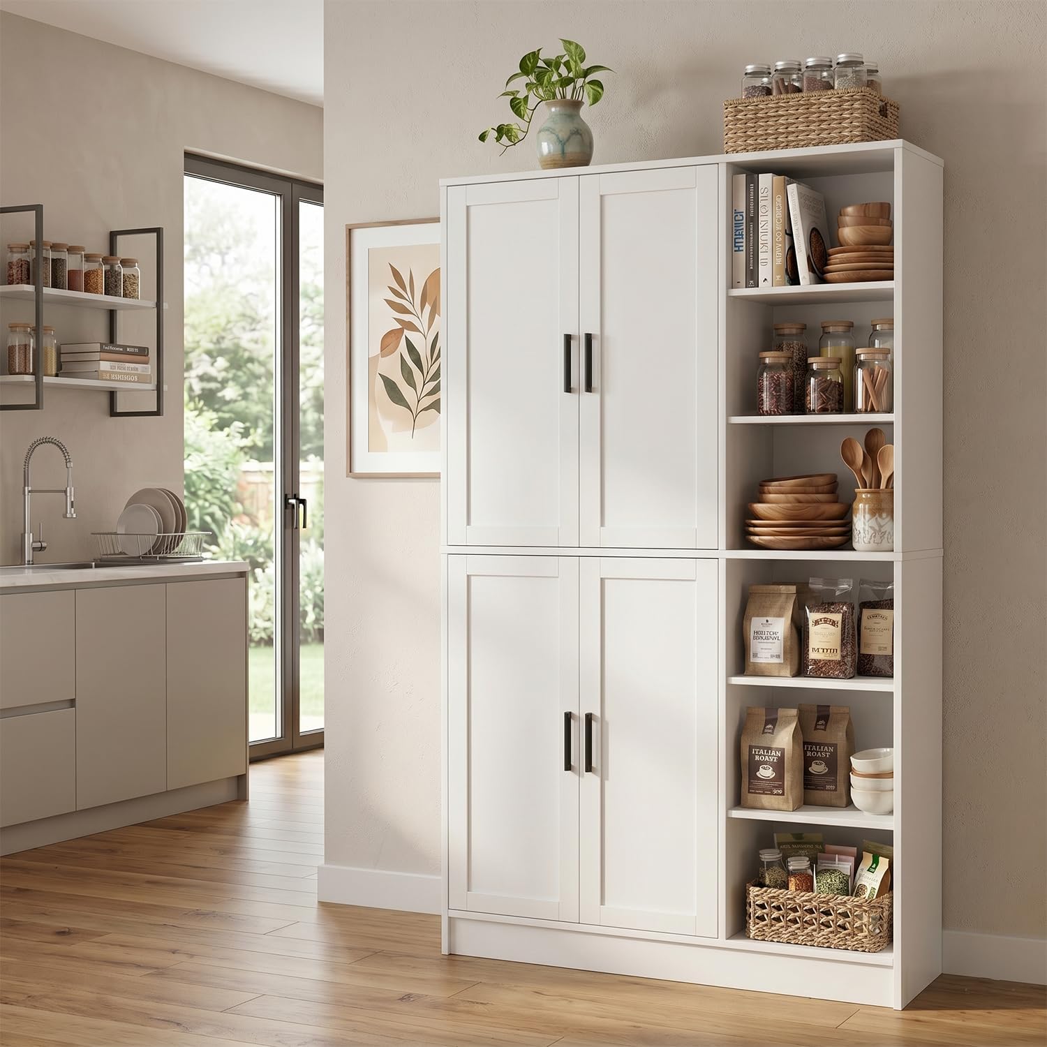 holzart 63" Tall Kitchen Pantry Cabinet, Freestanding Dining Room Storage Hutch with 4 Doors and Adjustable Shelves, Modern Utility Cupboard for Coffee Bar and Microwave, White