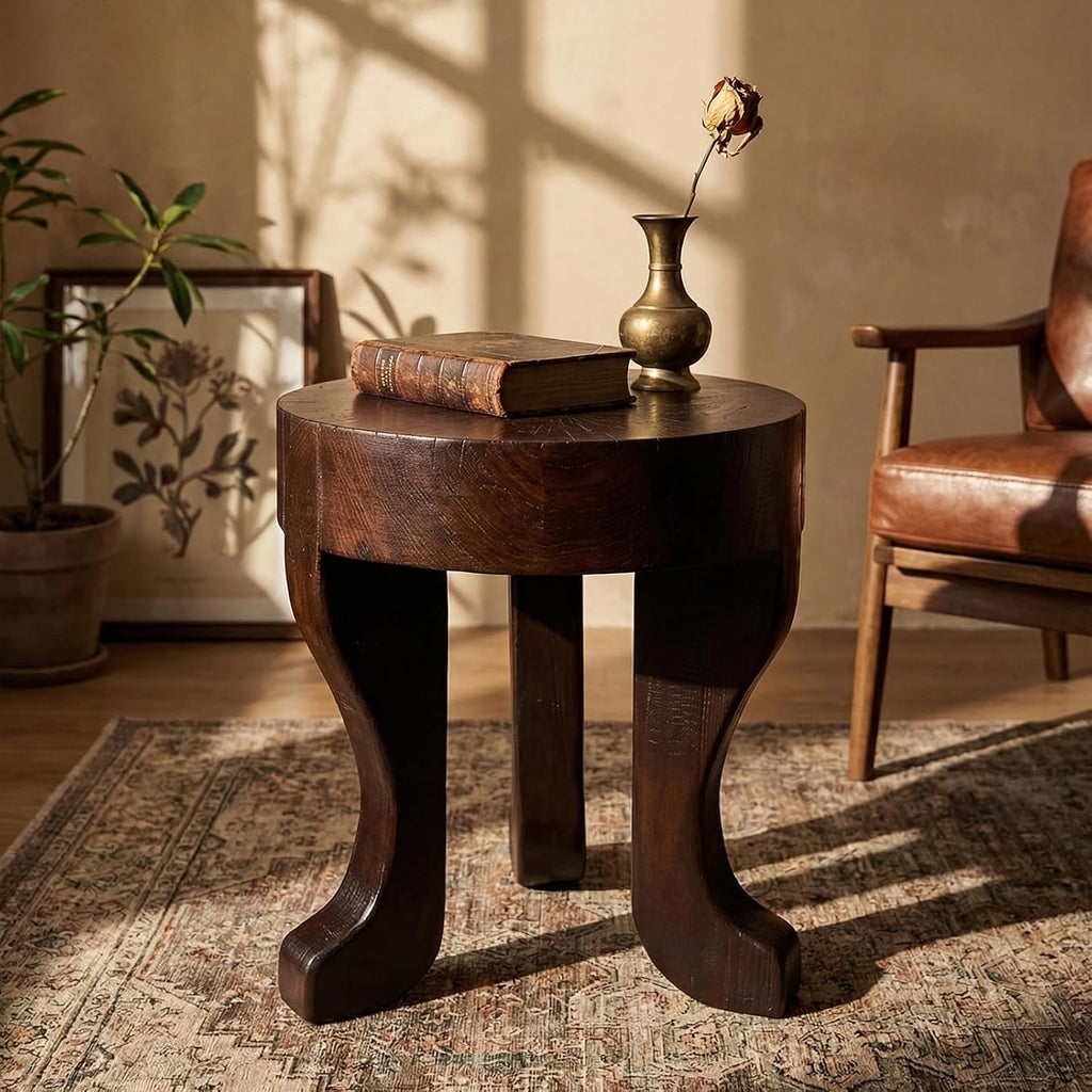 Rustic Round Wooden End Table, 13.5" H Dark Brown Solid Wood Accent Side Table with Sculptural Legs, Bedroom, Patio,