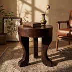 Rustic Round Wooden End Table, 13.5" H Dark Brown Solid Wood Accent Side Table with Sculptural Legs, Bedroom, Patio,