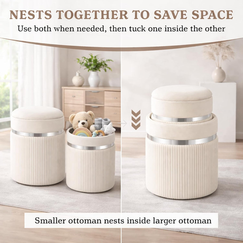 Round Storage Ottoman Set of 2 - White Ottoman with Storage for Living Room - Velvet Vanity Stool and Footrest - Round Nesting Ottoman Stools for Bedroom Makeup Area - Hidden Storage