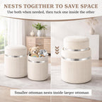 Round Storage Ottoman Set of 2 - White Ottoman with Storage for Living Room - Velvet Vanity Stool and Footrest - Round Nesting Ottoman Stools for Bedroom Makeup Area - Hidden Storage