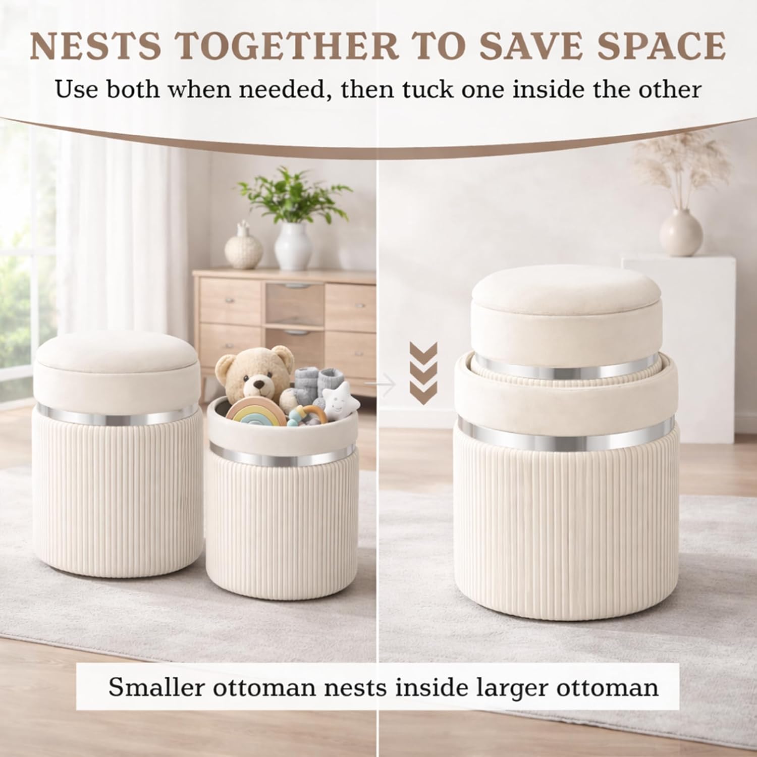 Round Storage Ottoman Set of 2 - White Ottoman with Storage for Living Room - Velvet Vanity Stool and Footrest - Round Nesting Ottoman Stools for Bedroom Makeup Area - Hidden Storage