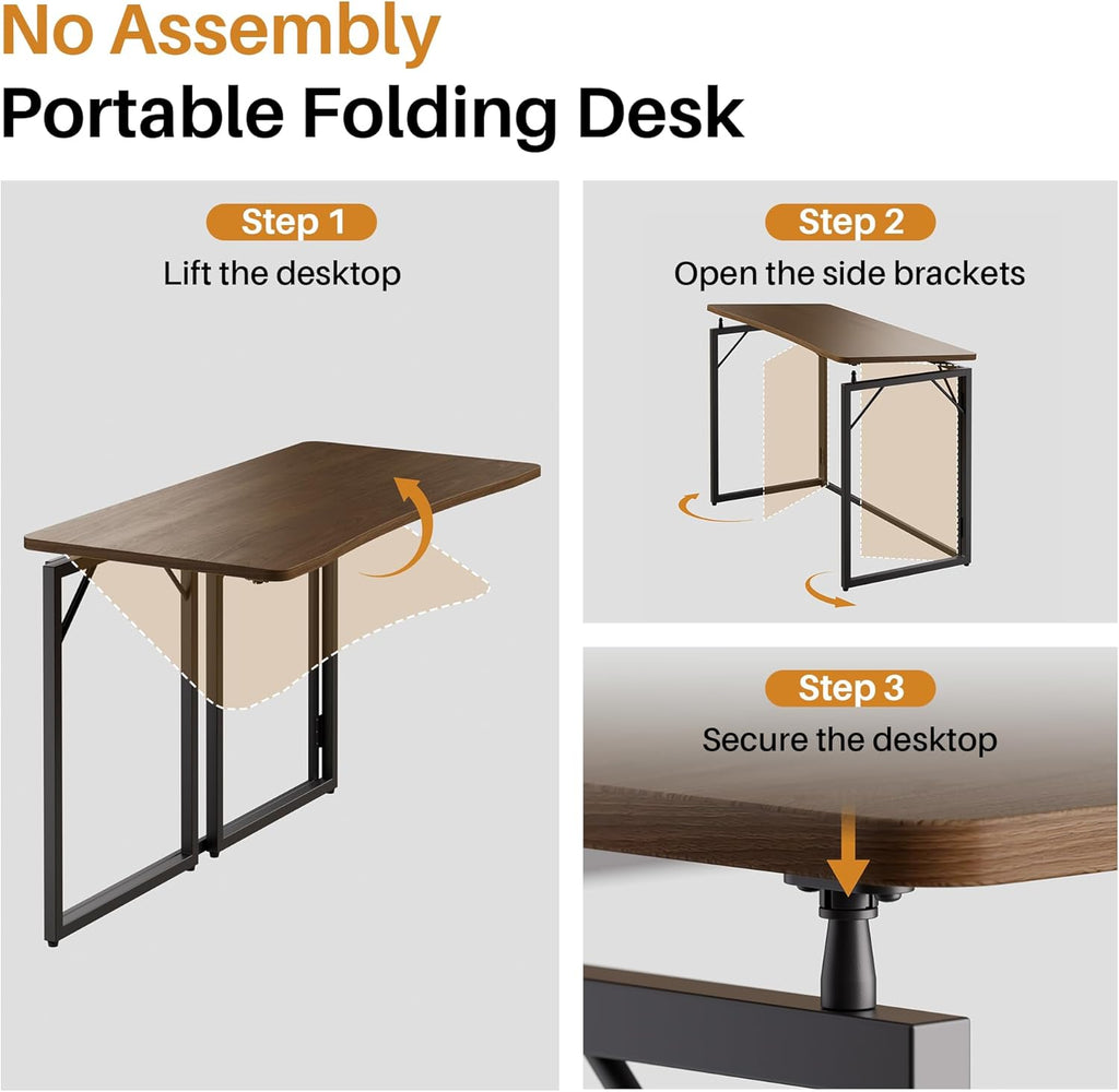 JOYMOOP 31.5" Folding Desk - Brown, No Assembly Small Foldable Desk for Home, Office, Wooden Top Folding Computer Desk for Working, Writing, Studying
