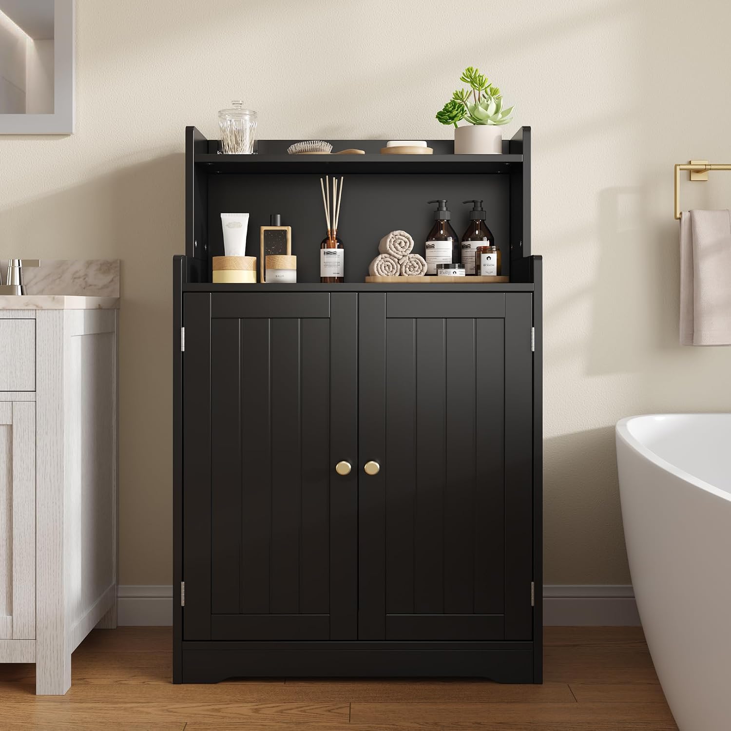 Gizoon Small Bathroom Storage Cabinet, Freestanding Organizer with 2 Doors, 2 Adjustable Shelves, 40" H Floor Pantry Cabinet for Dining Room, Kitchen, Living Room, Hallway, Black