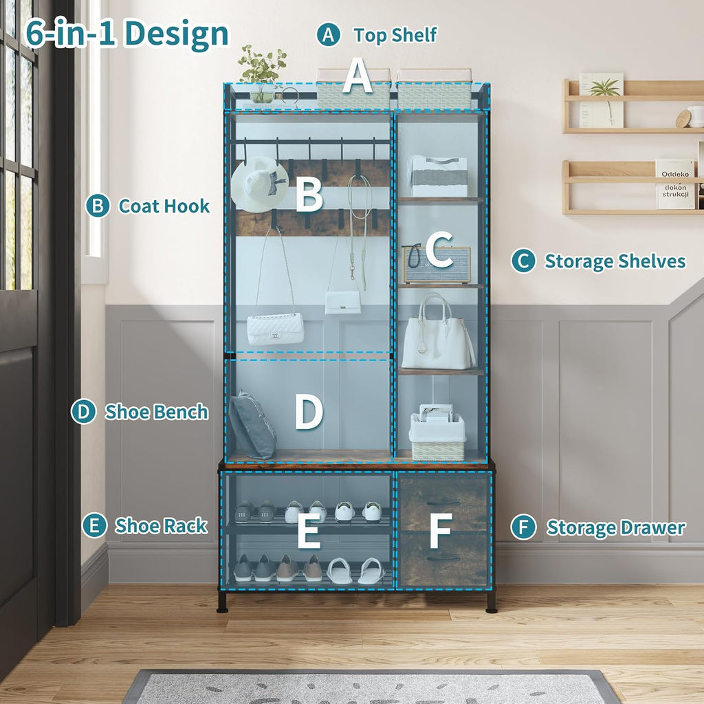 LUMTOK Hall Tree with Bench Storage and Shoes Storage, Hall Tree with Drawers and Shelves for Bedroom, 6-in-1 Entryway Organizer with Shelves, Living Room, Entryway, Closets (Rustic Brown)