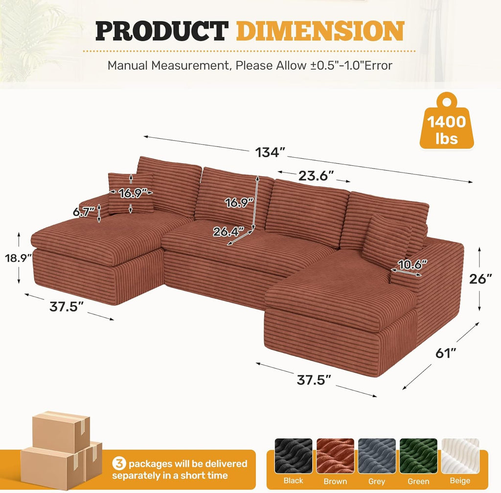 134" U Shaped Modular Sectional Sofa, Oversized Boneless Couches for Living Room,No Assembly Required Corduroy Cloud Couch with Chaise Lounge, Caramel 1 PCS