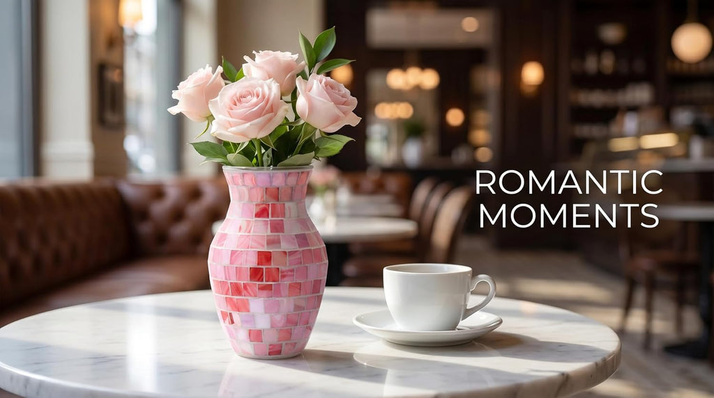 8" Pink Agate Mosaic Vase, Handmade Textured Glass Flower Vase, Romantic Rose Glass Centerpiece for Bedroom, Bathroom, Coastal Home Decor & Valentine's Day Gift