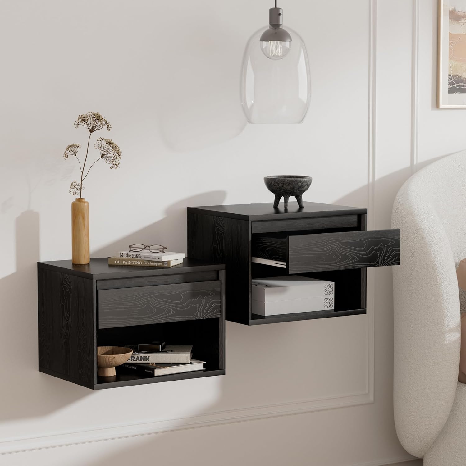 Mid Century Modern Floating Nightstand Set of 4, Wall Mounted End Table with Drawer and Open Compartment Wooden Bedside Night Stand Small Storage Cabinet for Bedroom, Black