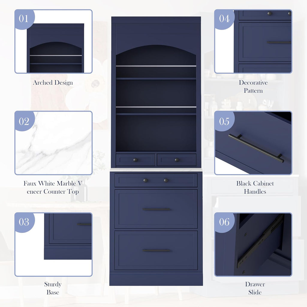 84" Tall Kitchen Pantry, Display Cupboard Cabinet with Storage, Modern Freestanding Kitchen Hutch with 5 Drawers and Adjustable Shelves, Wood Storage Cabinet for Kitchen, Blue, Set of 2