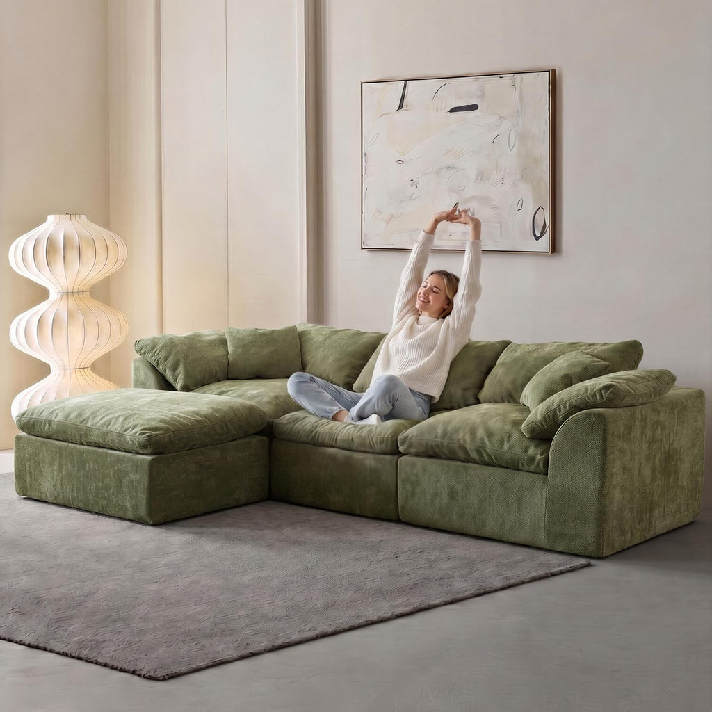 Oversized Cloud Couch Sectional Sofa for Living Room, Modular L Shaped Boneless Chenille Sofa with Chaise Lounge, Deep Seat Convertible Couch, Compressed No Assembly Floor Sofa(Green)