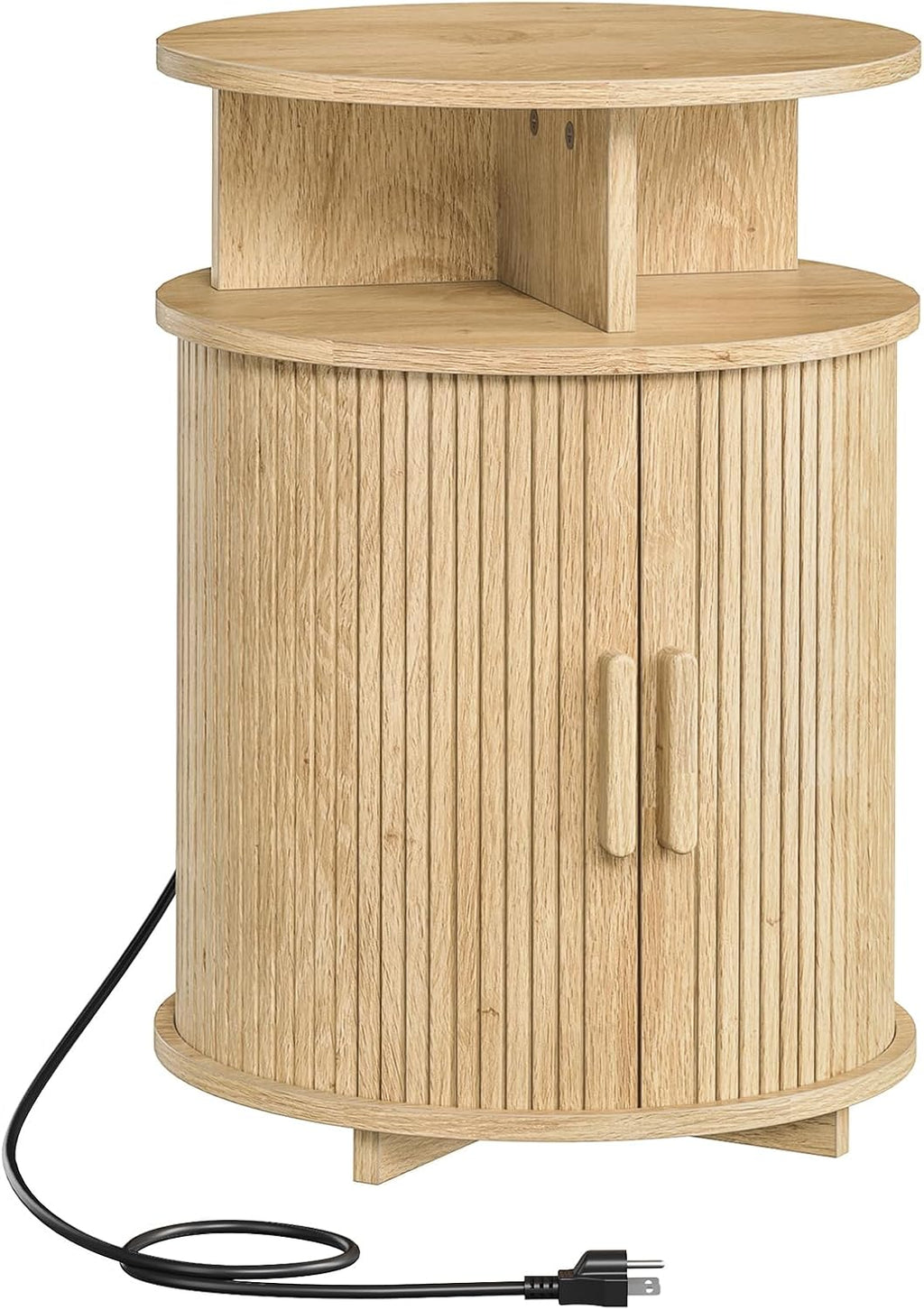 RALGEND Round Fluted End Tables, Round End Table with Charging Station, Fluted Sofa Side Table with Sliding Tambour Door and Storage, Mid-Century Nightstand for Living Room, Bedroom, Natural