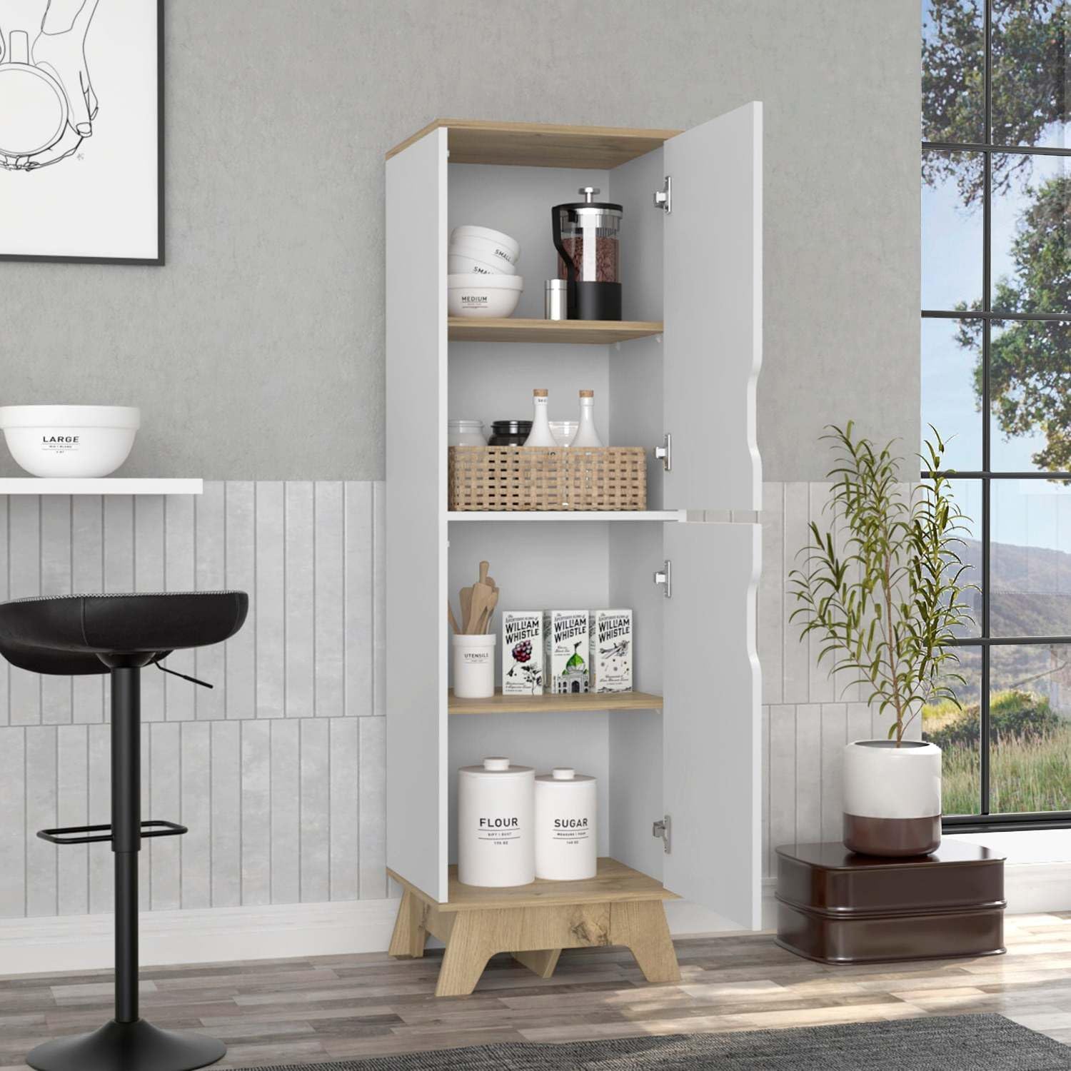 British Single Kitchen Pantry, Four Storage Shelves, Double Doors Cabinets for Kitchen Organization & Stylish Storage Solutions