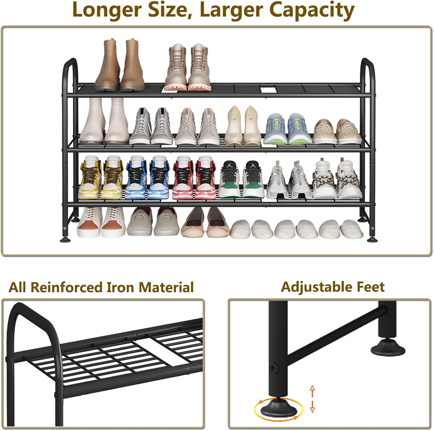 LINZINAR Shoe Rack Long 3 Tier Metal Shoe Organizer Metal Wide Shoe Shelf for Closet Entryway Bedroom Large Capacity Black