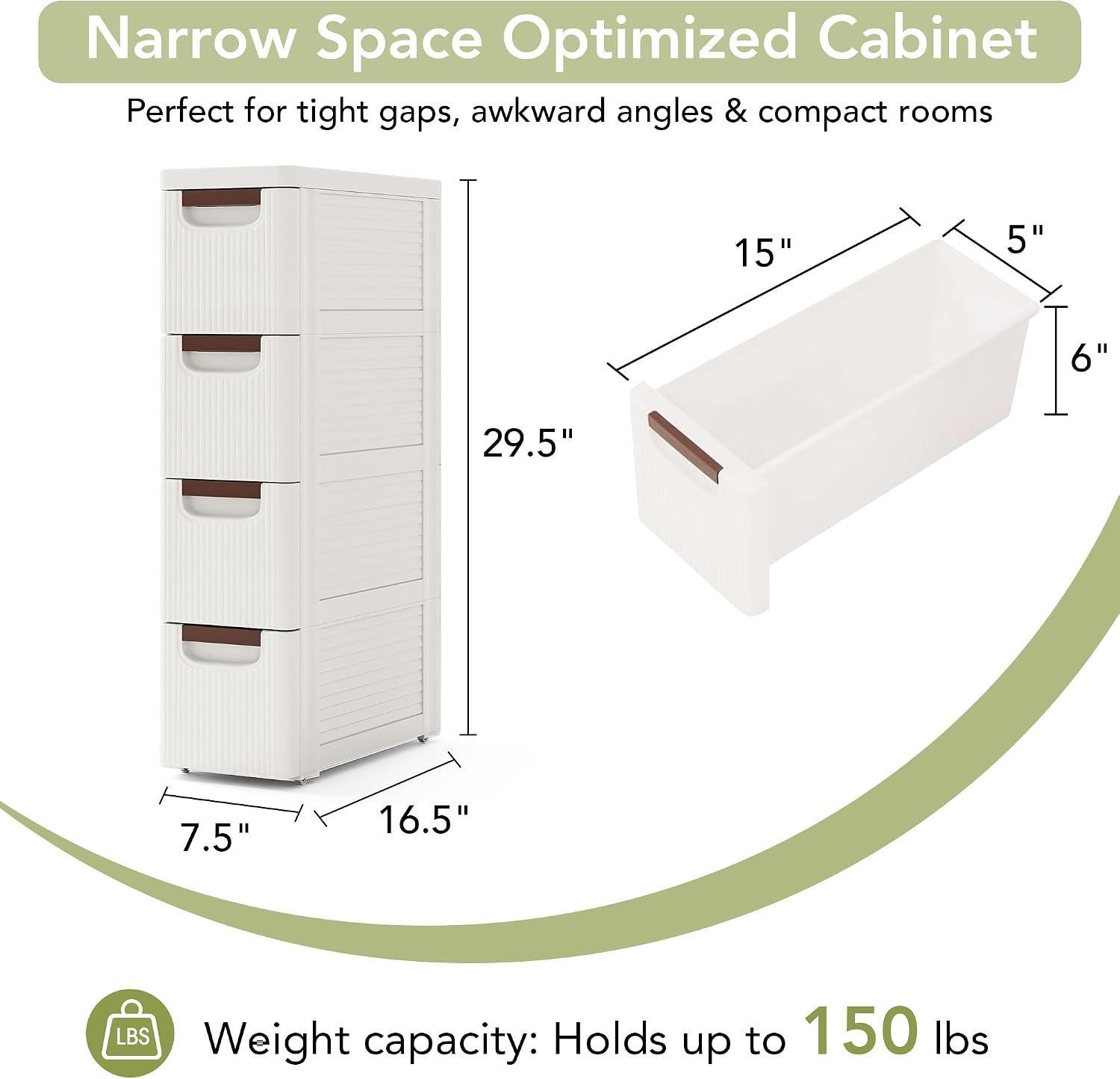 4 Drawers Narrow Bathroom Storage Cabinet, Slim Storage Cabinet, Plastic Slim Storage Cart Drawers for Small Spaces, Laundry, Office, Home, White
