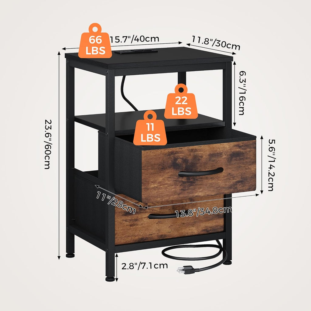 OLIXIS Nightstand with Charging Station, Bedside Table with USB Ports & Type-C, 2 Fabric Drawers Night Stand with Open Shelf, Compact End Table for Bedroom, Black & Rust
