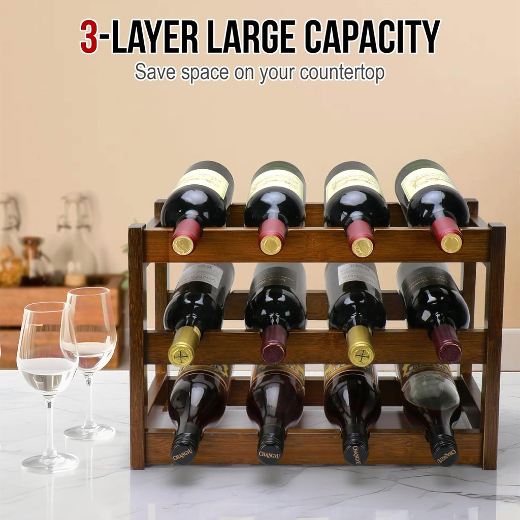 Bamboo Wine Rack, 3-Tier 12 Bottles Wine Storage Cabinet Shelf, Easy-Assembly Freestanding Bamboo Wine Racks Countertop for Kitchen Pantry Dining Room Bar, Walnut