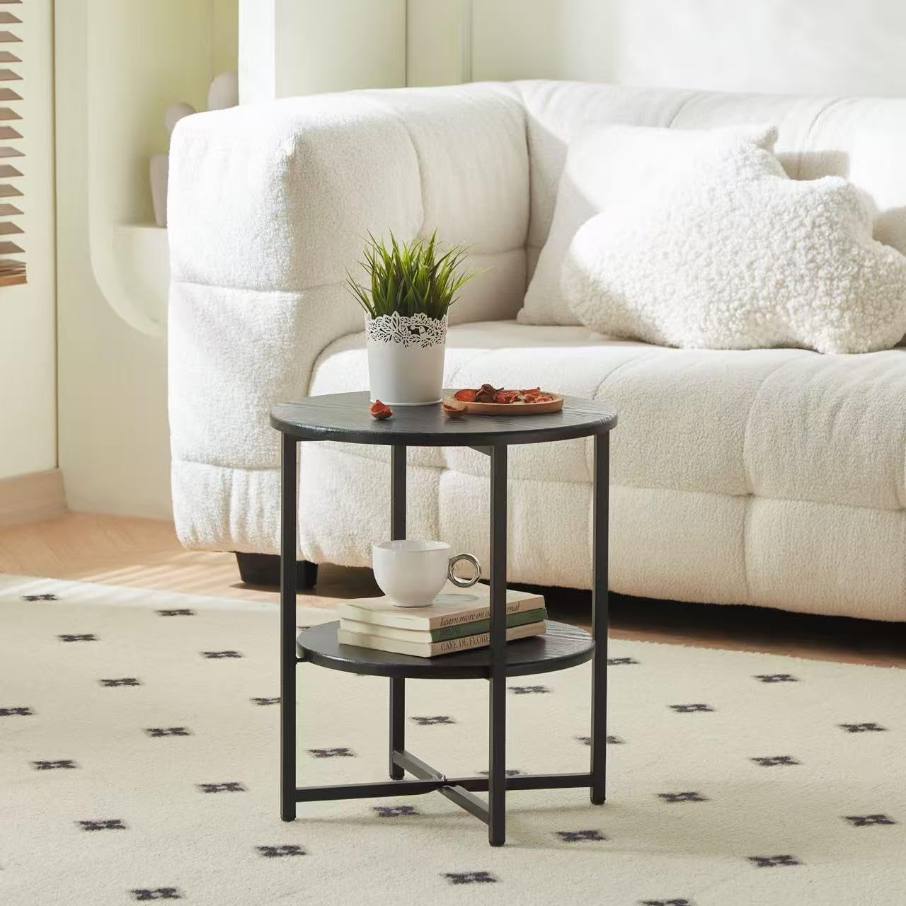 Round Wooden Tray Side Table, Foldable Metal Frame Coffee Table, Snack Tray, Living Room Coffee Table, Suitable for Bedrooms, Studies, Living Rooms and Terraces, 22" W x 22" D x 26" H (Black)