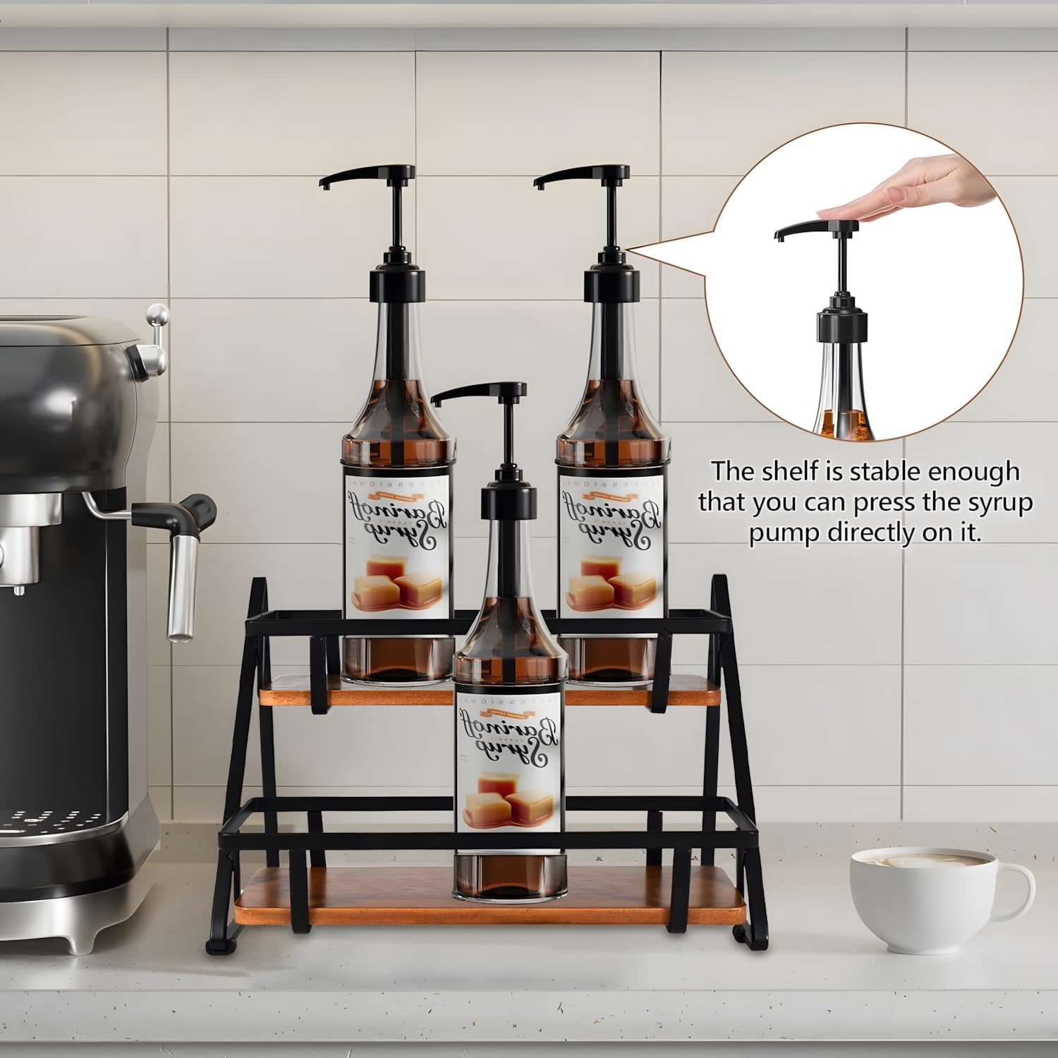 Coffee Syrup Rack Organizer,6 Bottles Syrups Holder Stand for Coffees Bar,2-Tier Syrup Storage Shelves for Coffee Station,Kitchen Spice Rack Wine Rack for Wine Dressing