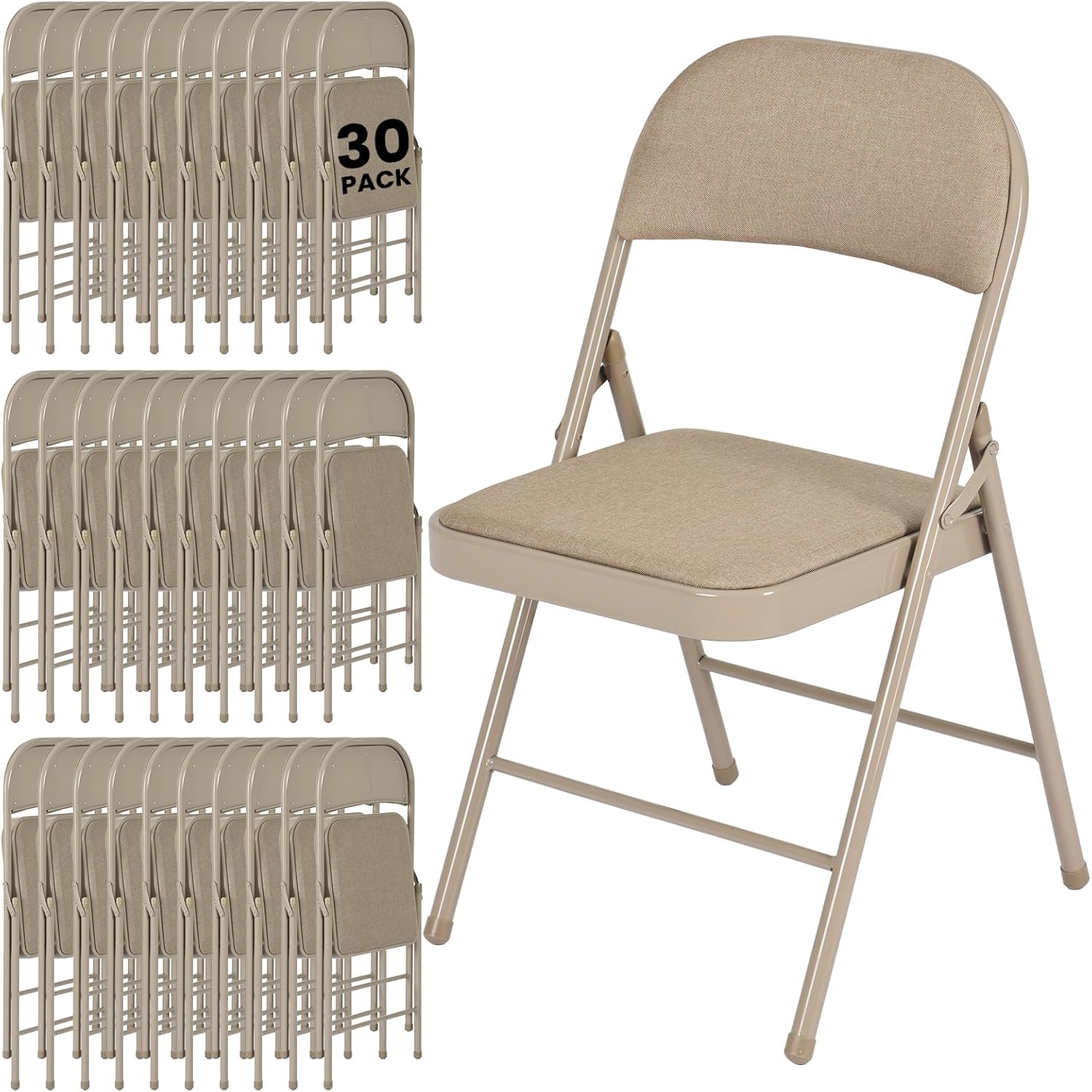 30 Pack Folding Chairs, Fabric Dining Chair Set with Padded Cushion and Back, Indoor Outdoor Seat for Home Office, Parties, Events, Wedding, Extra Guest Seating, Desert Khaki