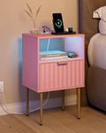 Nightstand with Charging Station and LED Lights, Modern Pink Bedside Table with Fluted Panel Drawer and Gold Legs, End Table with USB Ports & Outlets for Bedroom, Living Room