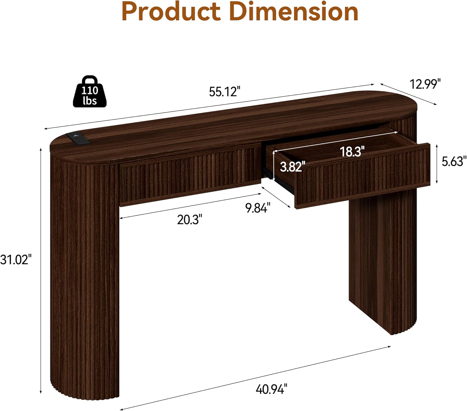 55" Fluted Console Table with 2 Drawers & LED Lights,Entryway Tables with Charging Station,Narrow Sofa Table Behind Couch,Mid-Century Modern Foyer Table for Entryway, Hallway, Living Room(Walnut)