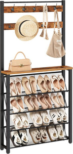 HOOBRO Hall Tree with Bench, Narrow Shoe Rack with Coat Rack, Coat Rack with Shoe Storage, 5 Tier Slanted Shoe Storage Organizer, Coat and Shoe Rack Entryway, Slim Hall Tree, Rustic Brown BF20MT01