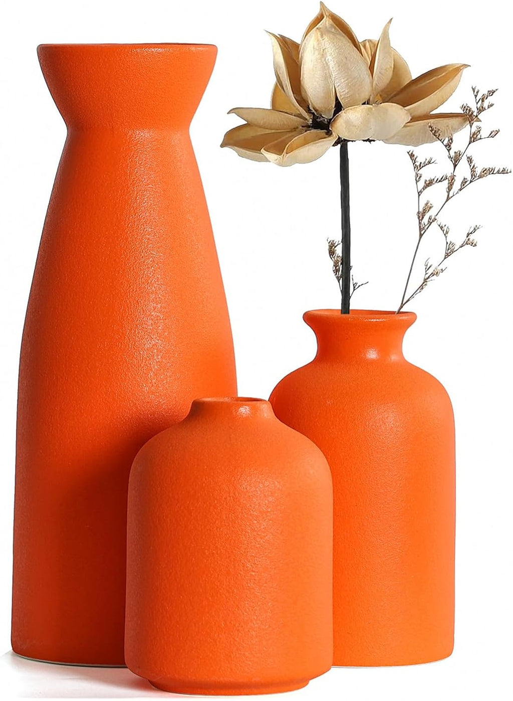 CEMABT Ceramic Orange Vases Set of 3 Small Flower Vases for Decor, Modern Rustic Farmhouse Home Decor, Decorative Vases for Pampas Grass,Idea Shelf,Table,Bookshelf,Entryway- Distressed Decor