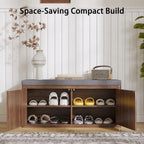 Shoe Cabinet Bench with Cushion,Double Layered Wooden Shoe Bench with Soft Cushion,Shoe Rack for Entryway,Bedroom,Living Room (Walnut Sturdy Entryway Bench)